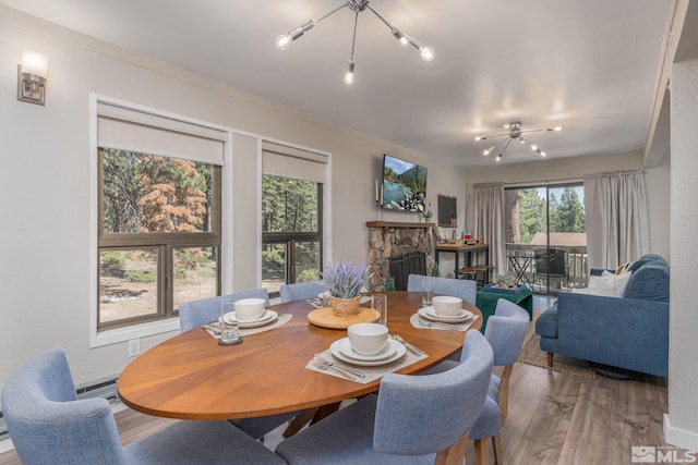 dining space featuring hardwood / wood-style floors, plenty of natural light, and a stone fireplace