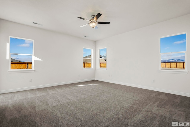 spare room featuring carpet floors, a wealth of natural light, and ceiling fan