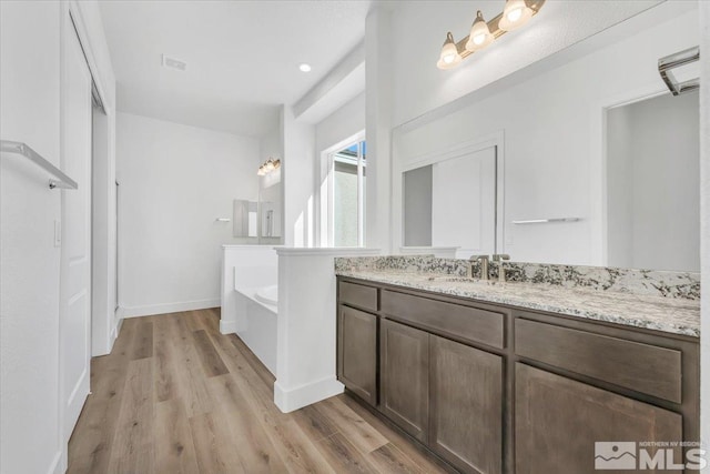 bathroom featuring wood-type flooring, a tub, and vanity