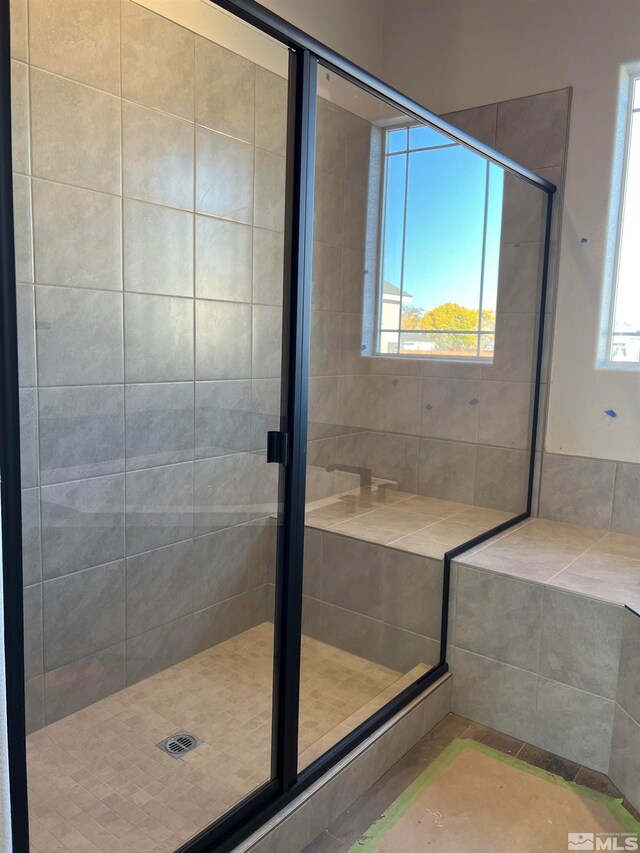 bathroom featuring a shower with shower door