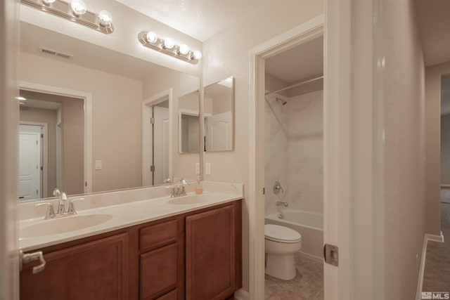 full bathroom with shower / bathtub combination, double vanity, toilet, and tile patterned flooring