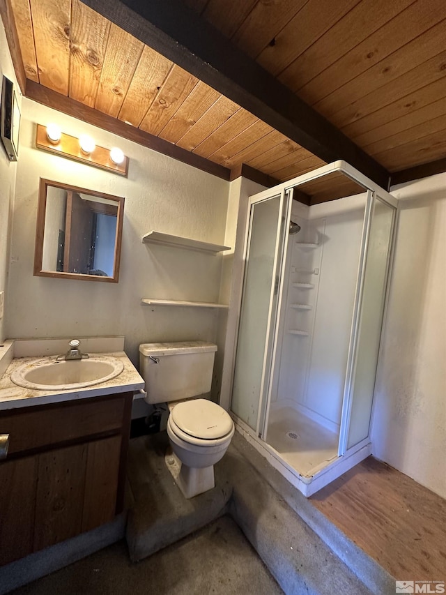 bathroom with a stall shower, toilet, wood ceiling, vanity, and beam ceiling