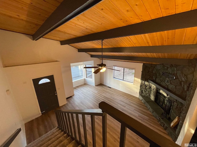 bonus room featuring wood ceiling, ceiling fan, lofted ceiling with beams, and wood-type flooring