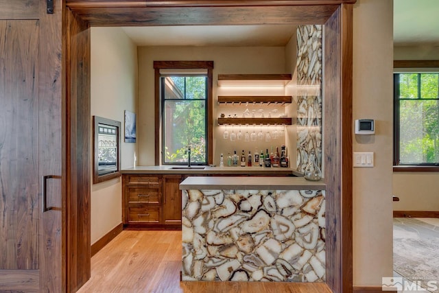 bar featuring light hardwood / wood-style floors and sink