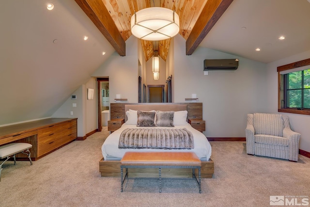 bedroom featuring carpet, vaulted ceiling with beams, and a wall mounted air conditioner