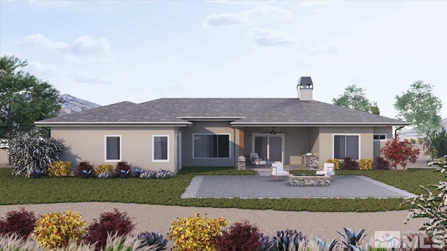 rear view of house with a patio area, a yard, and ceiling fan