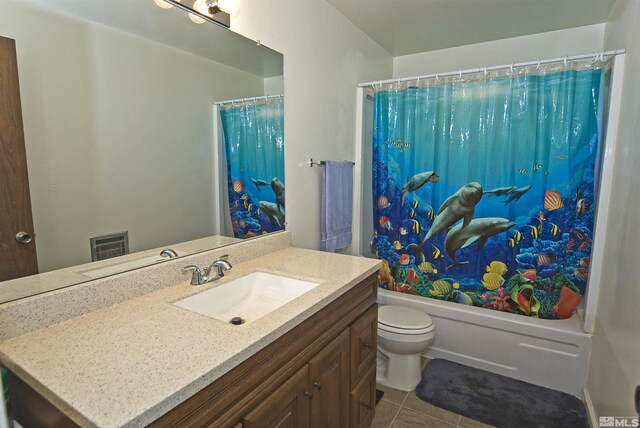 full bath with visible vents, toilet, tile patterned flooring, shower / bath combination with curtain, and vanity