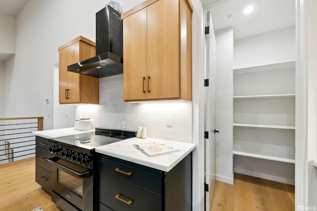 kitchen featuring dark cabinets, range with electric stovetop, light wood finished floors, and exhaust hood