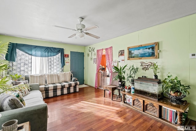 living room featuring ceiling fan and wood finished floors