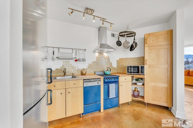 kitchen featuring sink, stove, dishwasher, wall chimney exhaust hood, and light brown cabinets