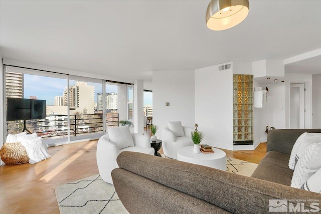 living room featuring light hardwood / wood-style flooring and expansive windows