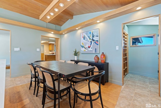 dining area with vaulted ceiling with beams, recessed lighting, wood ceiling, and baseboards