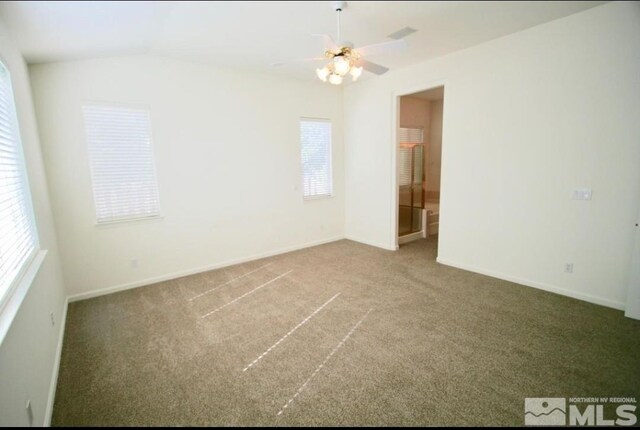 interior space with ceiling fan, carpet, and a wealth of natural light