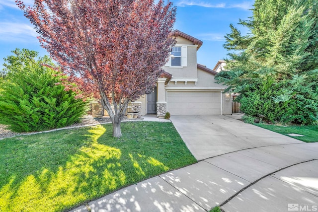 view of property hidden behind natural elements featuring an attached garage, stone siding, driveway, stucco siding, and a front yard