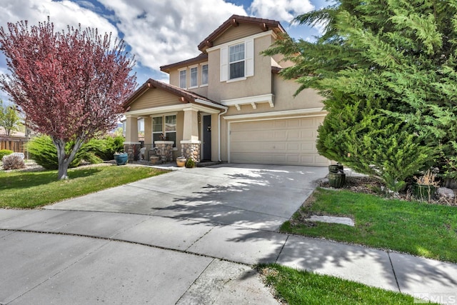 view of front facade featuring a garage, a tile roof, driveway, stucco siding, and a front lawn