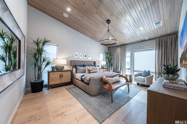 bedroom with wooden ceiling, light wood finished floors, visible vents, and high vaulted ceiling