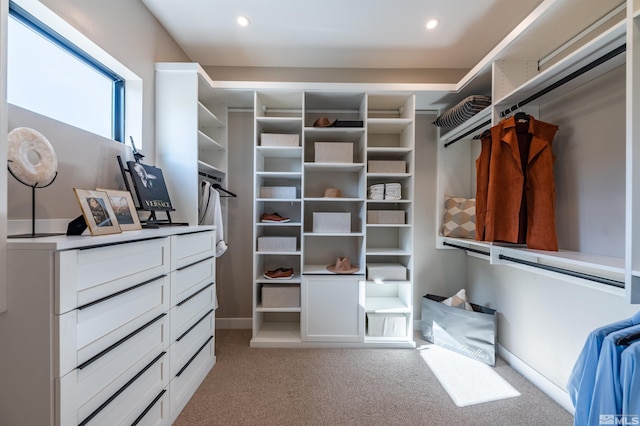 walk in closet with light colored carpet