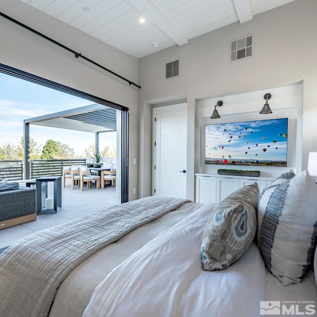 bedroom featuring wooden ceiling, visible vents, and beamed ceiling