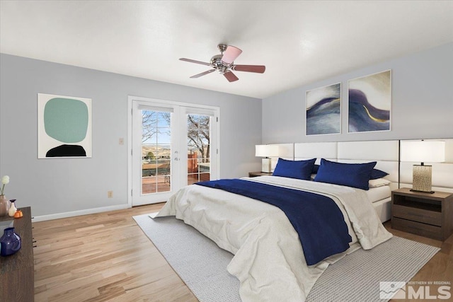 bedroom featuring light wood-type flooring, access to exterior, baseboards, and a ceiling fan