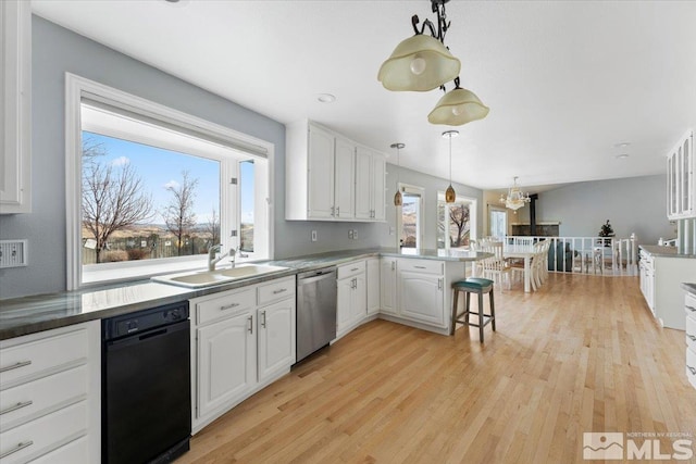 kitchen featuring white cabinetry, a sink, a peninsula, and stainless steel dishwasher