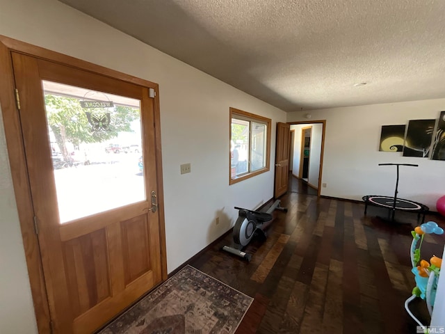 entryway featuring a wealth of natural light, a textured ceiling, and dark hardwood / wood-style floors