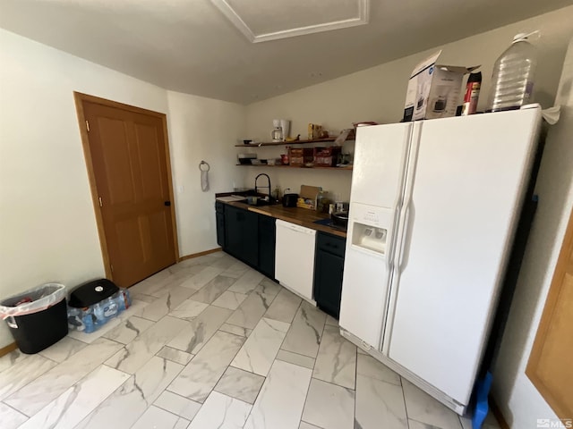 kitchen featuring white appliances, marble finish floor, open shelves, and a sink