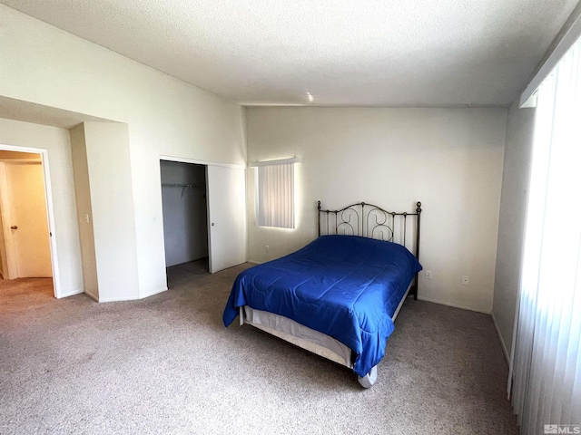 carpeted bedroom featuring lofted ceiling, a closet, multiple windows, and a textured ceiling