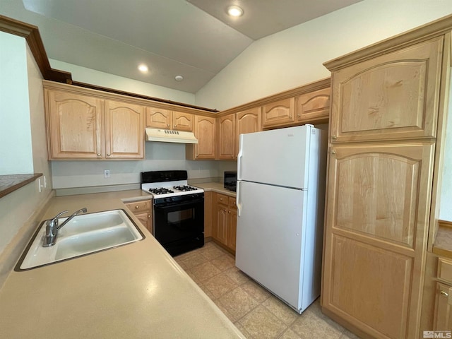 kitchen featuring sink, white appliances, vaulted ceiling, light tile patterned flooring, and light brown cabinetry