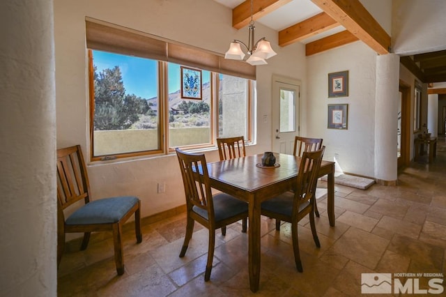 dining space with beam ceiling, a notable chandelier, and tile patterned flooring