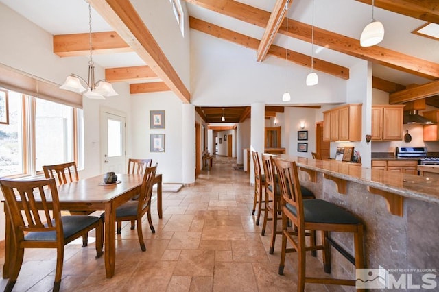 tiled dining room featuring beam ceiling, high vaulted ceiling, and an inviting chandelier