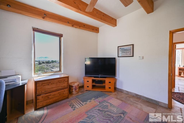 tiled living room featuring beam ceiling and ceiling fan