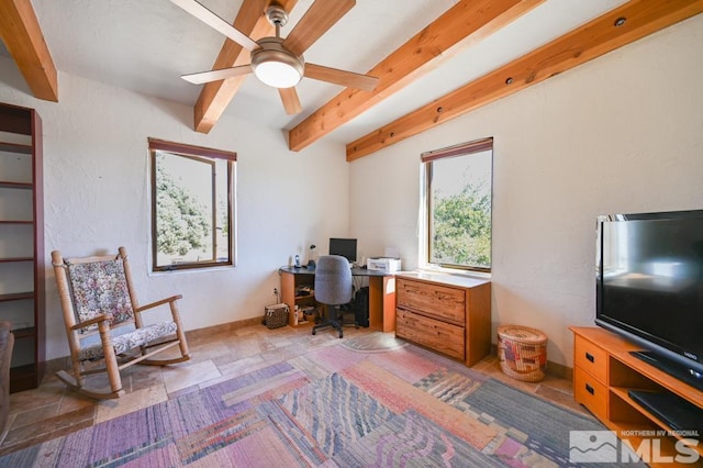 tiled office space with ceiling fan and beam ceiling