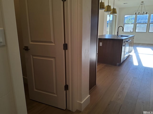 corridor with light hardwood / wood-style flooring, an inviting chandelier, and sink