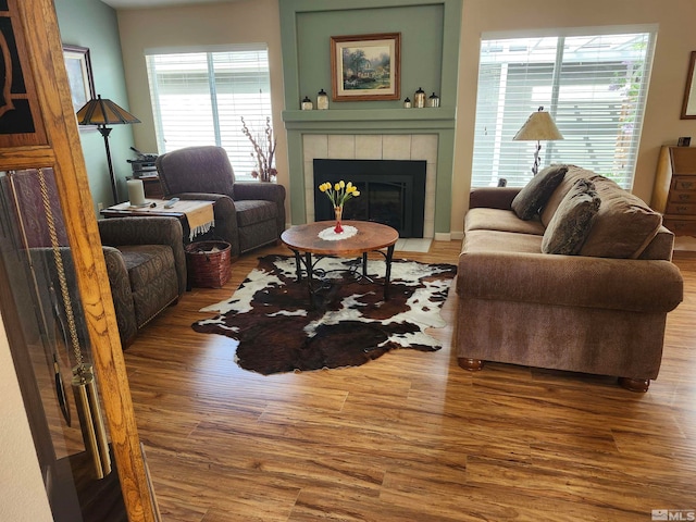 living room featuring hardwood / wood-style floors and a fireplace