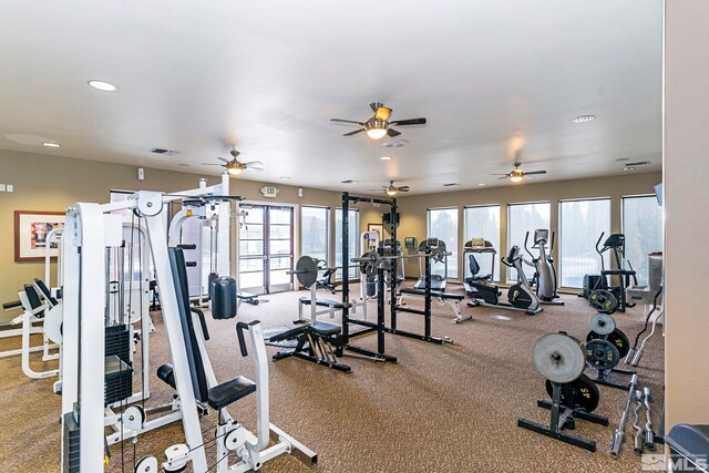 workout area with ceiling fan, a wealth of natural light, and light carpet