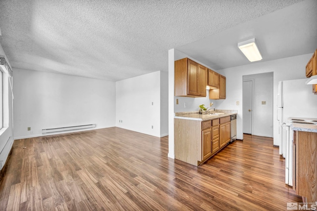 kitchen featuring a sink, dark wood finished floors, baseboard heating, and light countertops