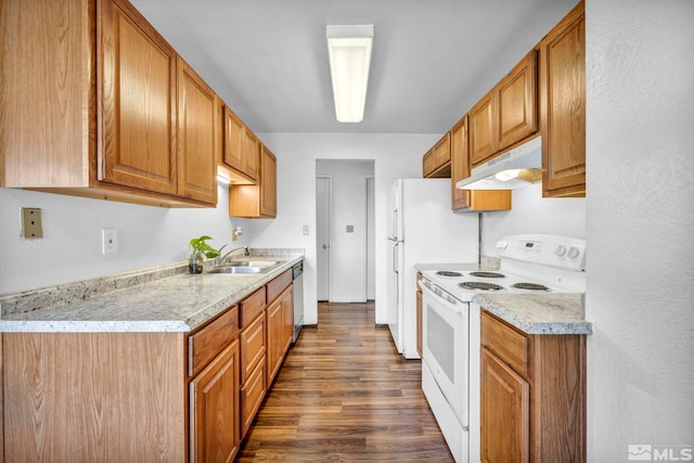 kitchen featuring under cabinet range hood, dark wood-style flooring, a sink, dishwasher, and white electric range oven