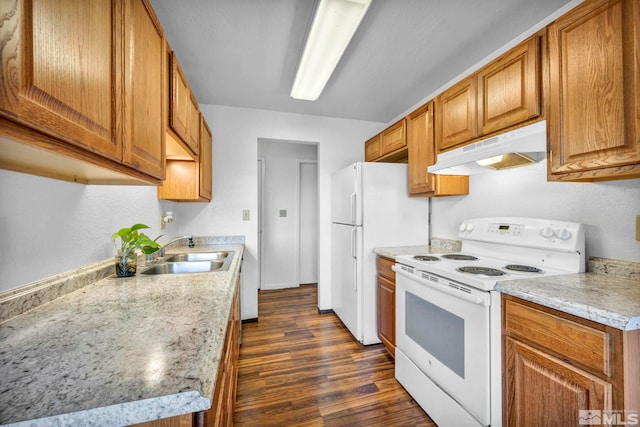 kitchen with brown cabinets, white range with electric cooktop, dark wood-type flooring, a sink, and under cabinet range hood