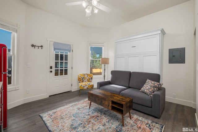 living area featuring electric panel, dark wood finished floors, baseboards, and ceiling fan