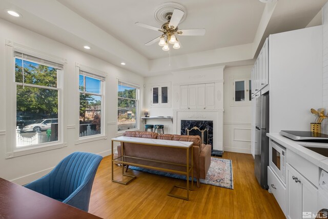 interior space with appliances with stainless steel finishes, light wood-type flooring, a fireplace, white cabinets, and ceiling fan