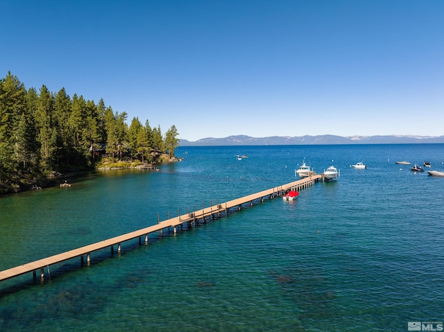 exterior space featuring a mountain view and a dock