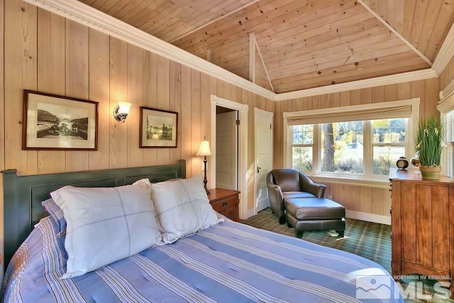 carpeted bedroom featuring wooden ceiling, ornamental molding, and wood walls