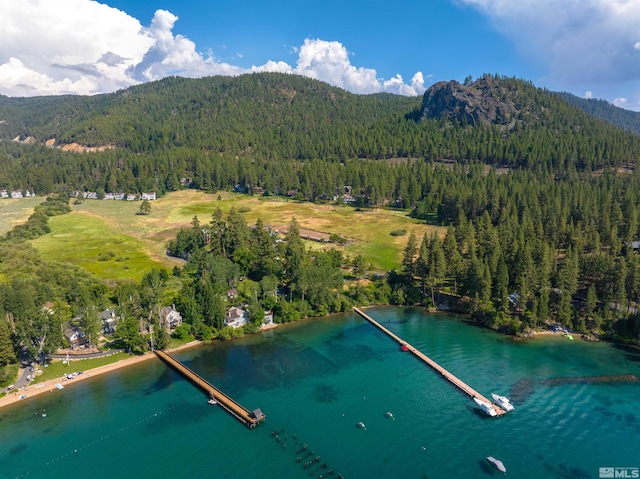 drone / aerial view featuring a water and mountain view