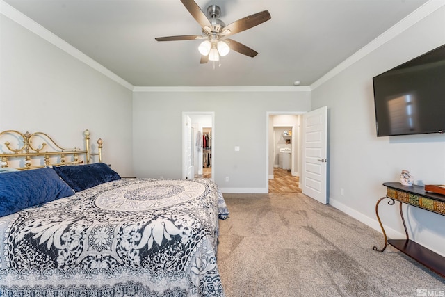 bedroom with ceiling fan, baseboards, crown molding, and light colored carpet