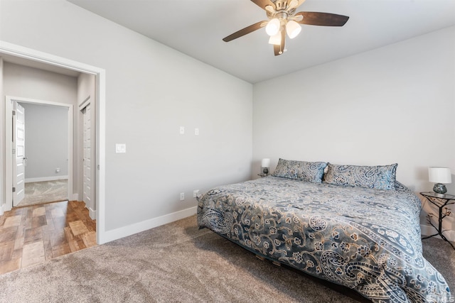 bedroom featuring carpet floors, ceiling fan, and baseboards