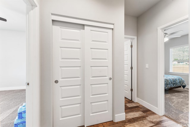 interior space with carpet floors, baseboards, and wood finished floors