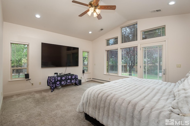 bedroom featuring light carpet, visible vents, lofted ceiling, a baseboard heating unit, and recessed lighting