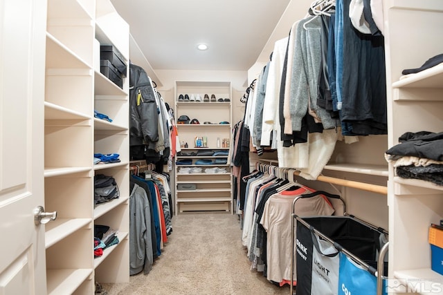 spacious closet featuring light colored carpet