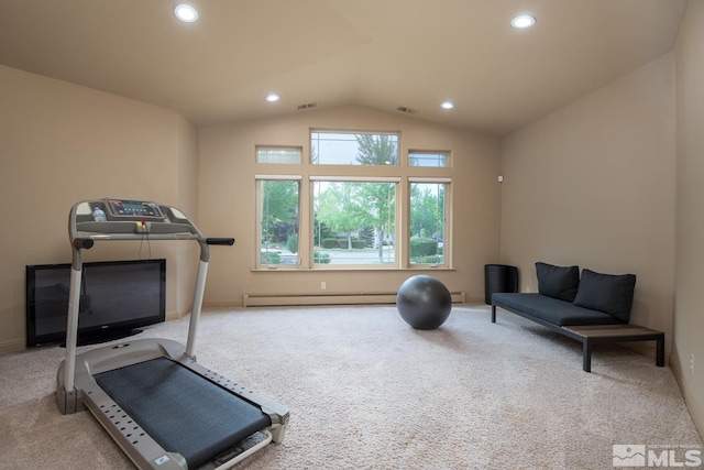 exercise room with a baseboard radiator, visible vents, vaulted ceiling, and light colored carpet