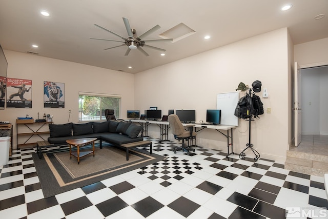 office space featuring recessed lighting, visible vents, and baseboards